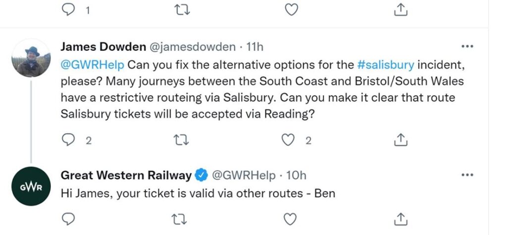 A twitter post asking for updated journey information